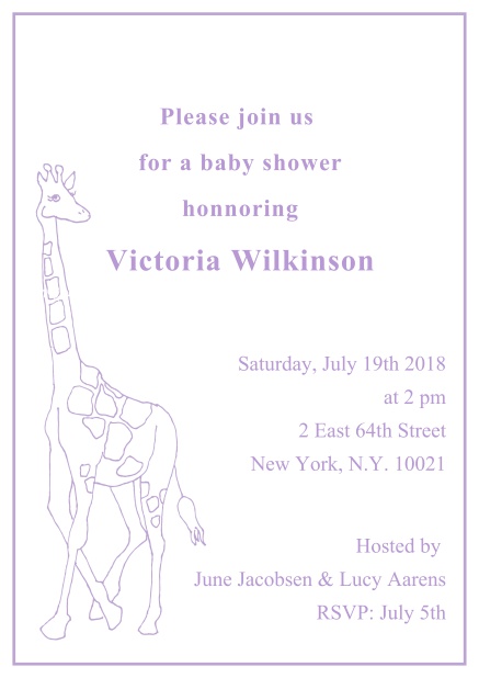 lovely Giraffe - Purple - Children's Birthdays Cute classic online invitation card with illustrated giraffe and editable text. Purple.