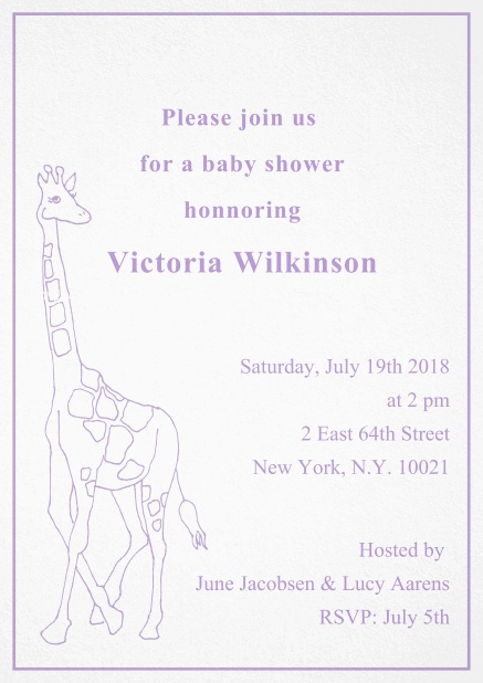 Cute classic invitation card with illustrated giraffe and editable text. Purple.