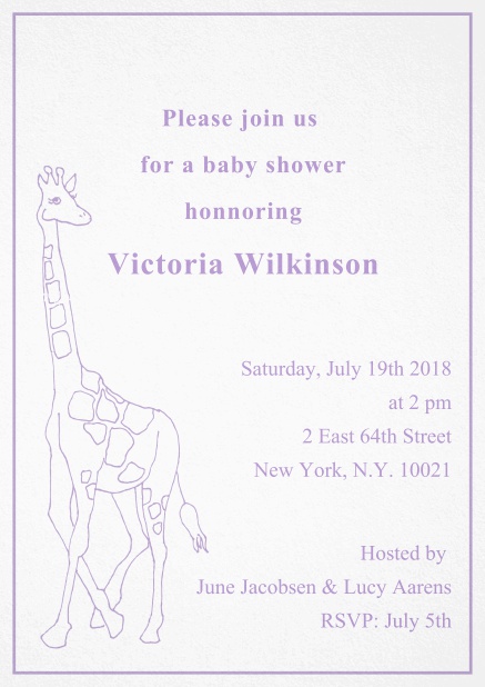 lovely Giraffe - Purple - Children's Birthdays Cute classic invitation card with illustrated giraffe and editable text. Purple.