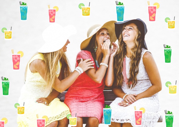Lustige Online Fotokarte mit bunten Cocktailsgläsern perfekt für Einladungen zu Drinks oder Cocktails