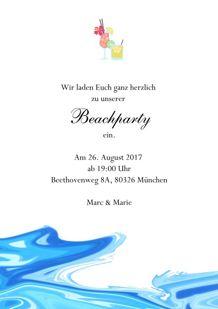 Online Einladungskarte zur Party oder zu Drinks mit Cocktails und Wasser