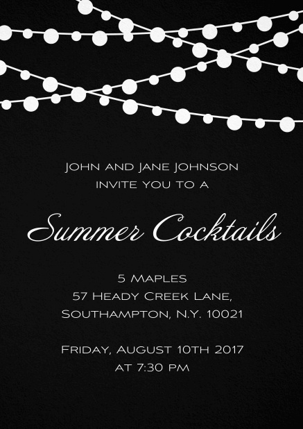 Summer cocktails invitation card in various colors with charming lanterns. Black.
