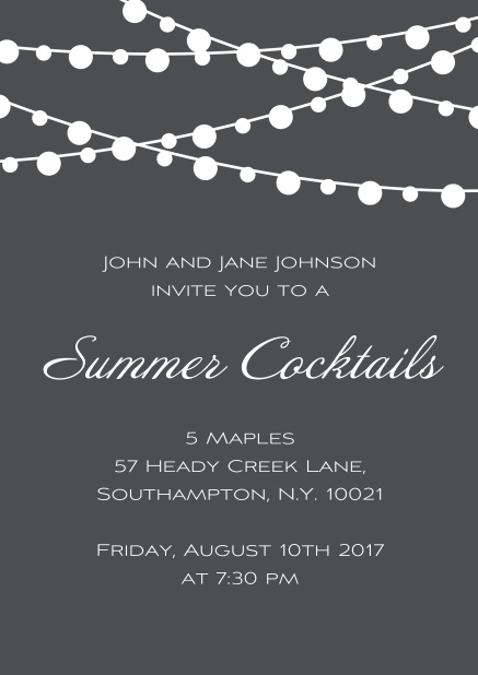 Online Summer cocktails invitation card in various colors with charming lanterns. Grey.