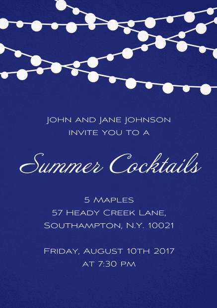 Summer cocktails invitation card in various colors with charming lanterns. Navy.