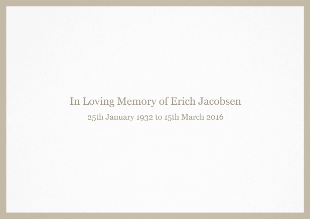 Classic Memorial invitation card with black frame and famous quote. Beige.