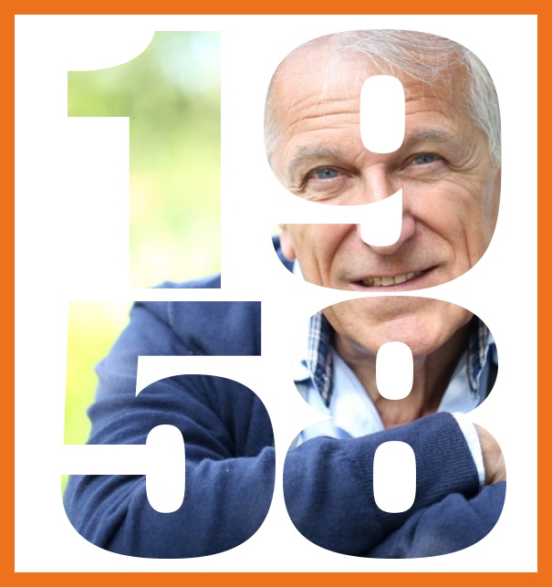 Online 60th Birthday invitation card with large cut out 1958 for your own photo. Orange.