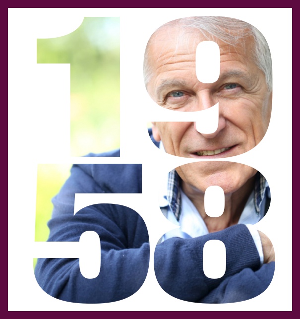 Online 60th Birthday invitation card with large cut out 1958 for your own photo. Purple.