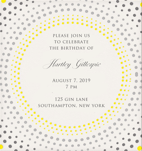 Turn, Turn, Turn animated - Cocktails Animated Online Invitation card with moving circles in yellow and grey.