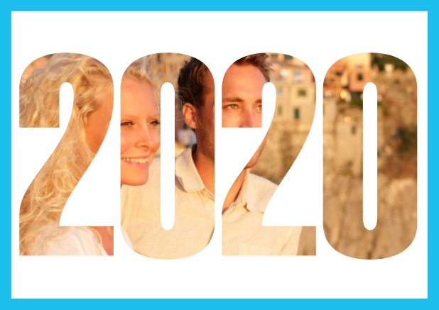 Online Save the Date Fotokarte zur Hochzeit mit Rahmen und ausgeschnittener Jahreszahl 2020 Blau.