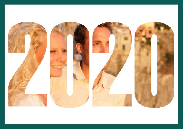 Online Save the Date Fotokarte zur Hochzeit mit Rahmen und ausgeschnittener Jahreszahl 2020 Grün.
