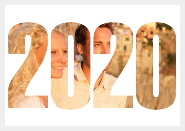 Online Save the Date Fotokarte zur Hochzeit mit Rahmen und ausgeschnittener Jahreszahl 2020 Grau.