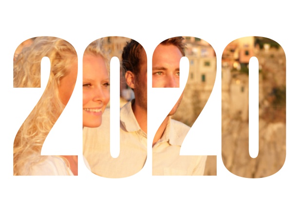 Online Save the Date Fotokarte zur Hochzeit mit Rahmen und ausgeschnittener Jahreszahl 2020 Weiss.
