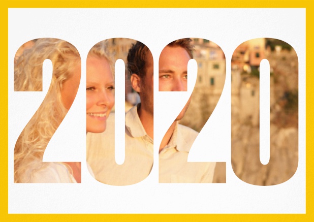 Save the Date Fotokarte zur Hochzeit mit Rahmen und ausgeschnittener Jahreszahl 2020 Gelb.