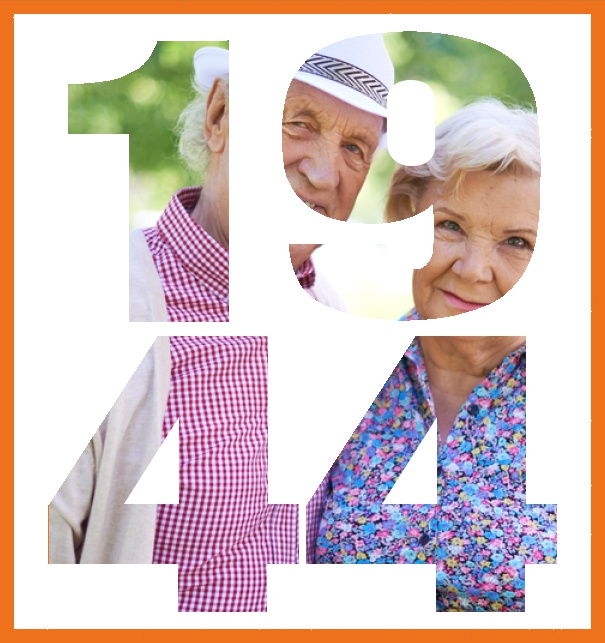 Online Einladungskarte mit Rahmen und ausgeschnittener 1944 für ein eigenes Foto. Orange.