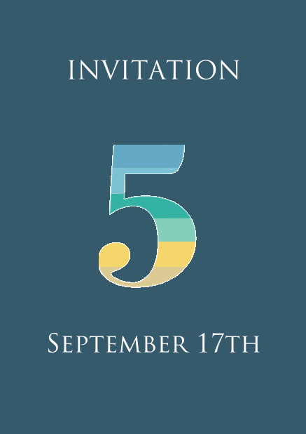 5th anniversary online invitation card with large 5 in fun colorful animated stripes Blue.