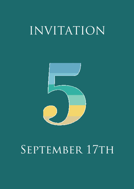 5th anniversary online invitation card with large 5 in fun colorful animated stripes Green.