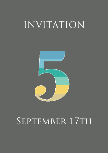 5th anniversary online invitation card with large 5 in fun colorful animated stripes Grey.