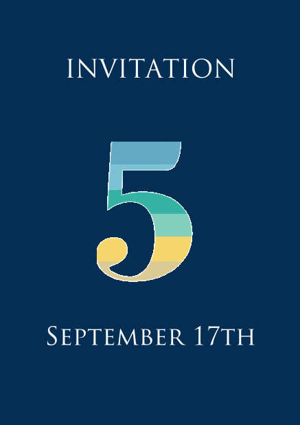 5th anniversary online invitation card with large 5 in fun colorful animated stripes Navy.