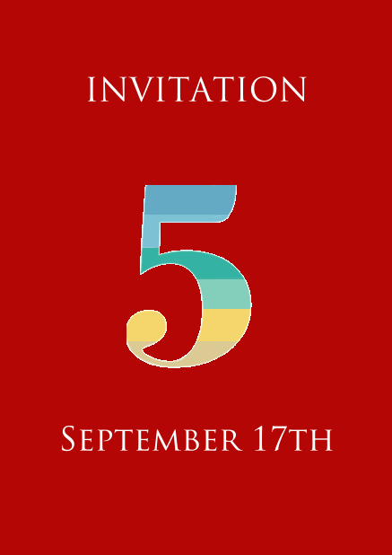 5th anniversary online invitation card with large 5 in fun colorful animated stripes Red.