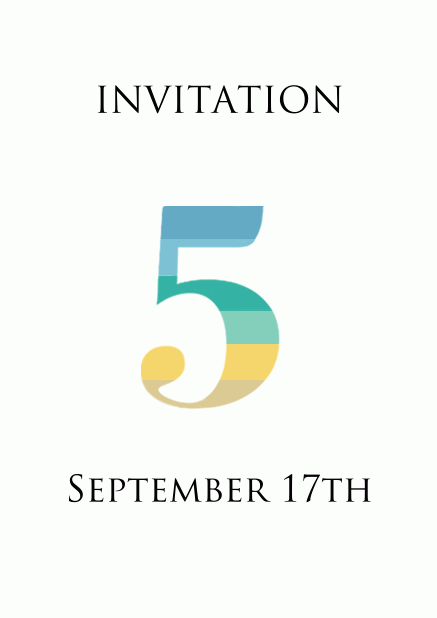 5th anniversary online invitation card with large 5 in fun colorful animated stripes White.