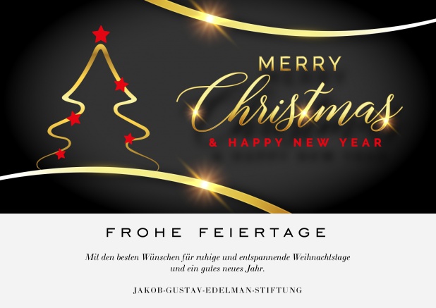 Papierlos Firmen-Weihnachtskarte mit goldenem Weihnachtsbaum und Merry Christmas Text. Grau.