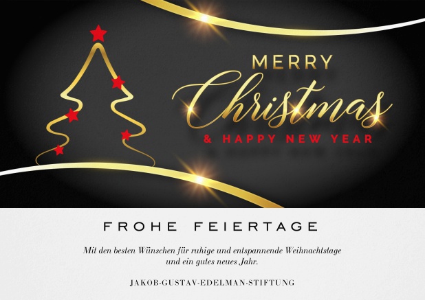 Firmen-Weihnachtskarte mit goldenem Weihnachtsbaum und Merry Christmas Text. Grau.