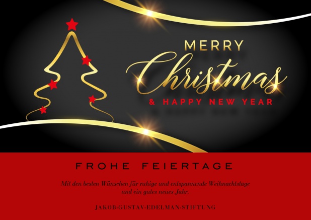 Papierlos Firmen-Weihnachtskarte mit goldenem Weihnachtsbaum und Merry Christmas Text. Rot.