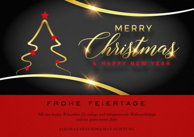 Firmen-Weihnachtskarte mit goldenem Weihnachtsbaum und Merry Christmas Text. Rot.