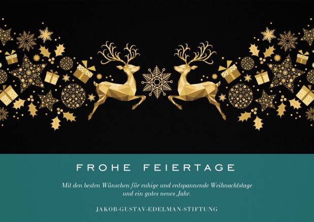 Frohe Weihnachten wünschen mit goldenen Renntieren und eigenem Text. Grün.