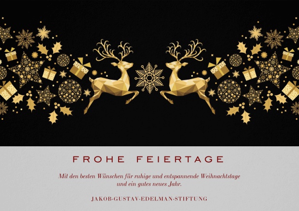 Frohe Weihnachten wünschen mit goldenen Renntieren und eigenem Text. Grau.