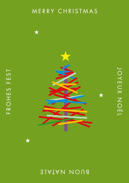 Online Grüne Weihnachtskarte mit kunstvollem bunten Weihnachtsbaum.