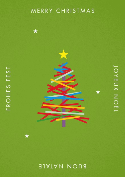 Grüne Weihnachtskarte mit kunstvollem bunten Weihnachtsbaum.