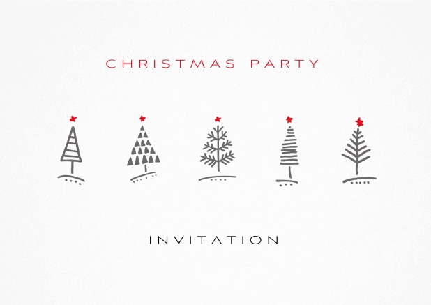 White Holiday Party invitation card with 5 Christmas trees with red stars.