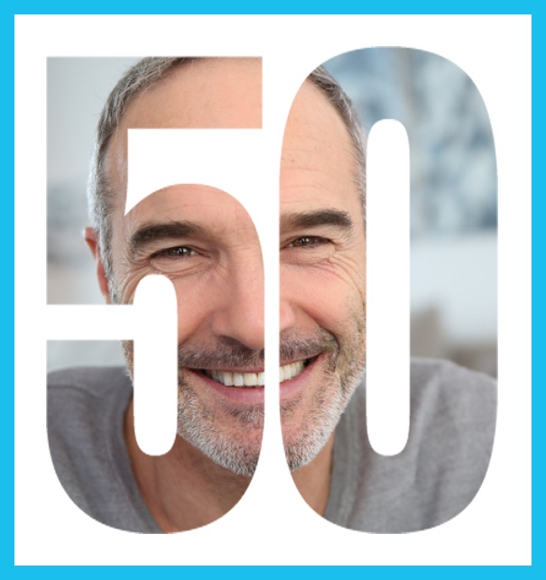 Online 50th Birthday invitation photo card in portrait format with large cut out number 50 to place your own photo behind it. Blue.