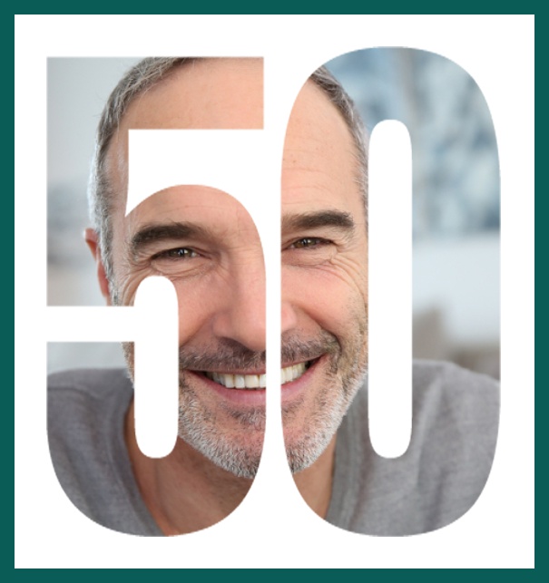 Online 50th Birthday invitation photo card in portrait format with large cut out number 50 to place your own photo behind it. Green.