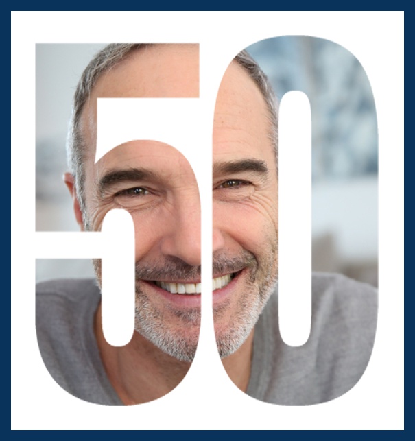 Online 50th Birthday invitation photo card in portrait format with large cut out number 50 to place your own photo behind it. Navy.