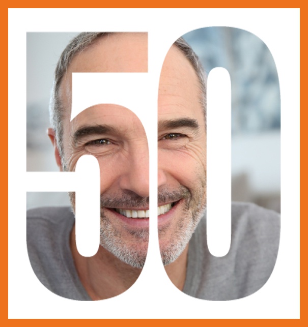 Online 50th Birthday invitation photo card in portrait format with large cut out number 50 to place your own photo behind it. Orange.