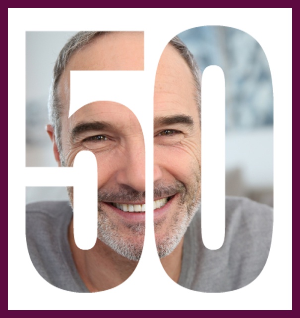 Online 50th Birthday invitation photo card in portrait format with large cut out number 50 to place your own photo behind it. Purple.