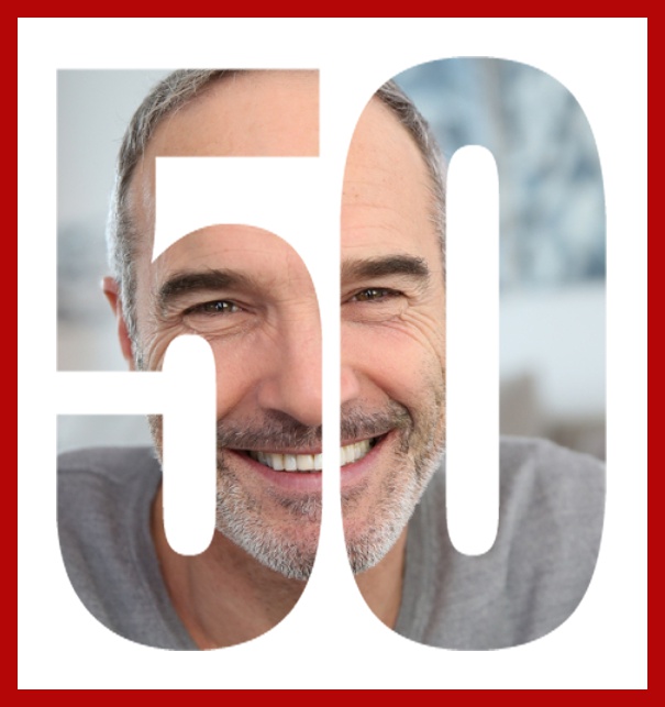 Online 50th Birthday invitation photo card in portrait format with large cut out number 50 to place your own photo behind it. Red.