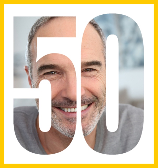 Online 50th Birthday invitation photo card in portrait format with large cut out number 50 to place your own photo behind it. Yellow.
