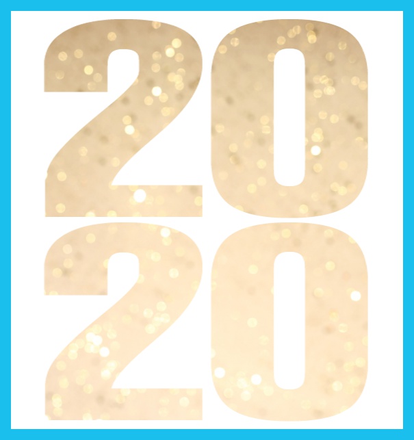 Online Neujahrswünsche versenden mit ausgeschnittener 2020 mit goldenem Konfetti Image oder eigenem Foto. Blau.
