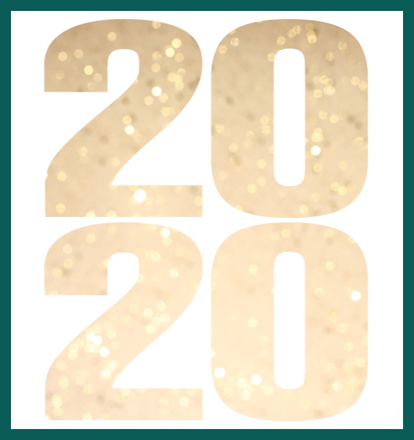 Online Neujahrswünsche versenden mit ausgeschnittener 2020 mit goldenem Konfetti Image oder eigenem Foto. Grün.