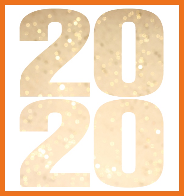 Online Neujahrswünsche versenden mit ausgeschnittener 2020 mit goldenem Konfetti Image oder eigenem Foto. Orange.