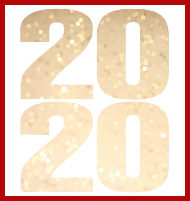 Online Neujahrswünsche versenden mit ausgeschnittener 2020 mit goldenem Konfetti Image oder eigenem Foto. Rot.