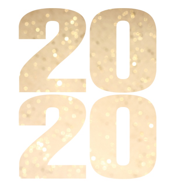 Online Neujahrswünsche versenden mit ausgeschnittener 2020 mit goldenem Konfetti Image oder eigenem Foto. Weiss.