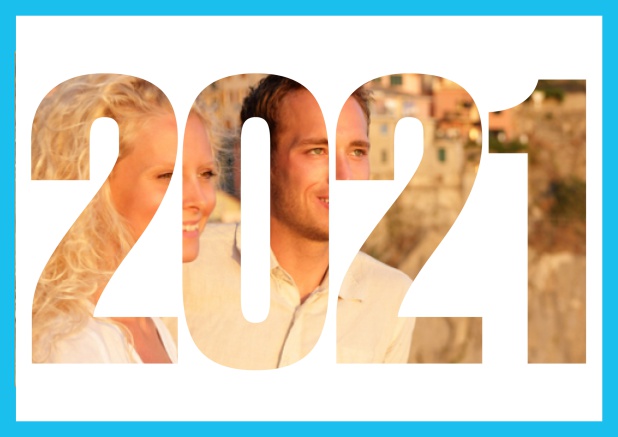 Online save the date card with cut out 2021 for your own photo Blue.