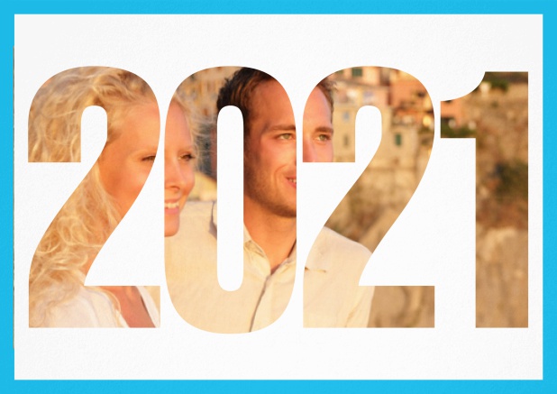 Save the date card with cut out 2021 for your own photo Blue.