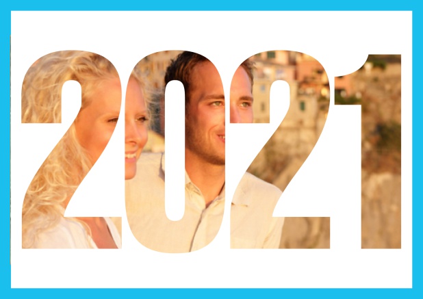 2021 photo year card - Blue - Wedding Save the Dates Online save the date card with cut out 2021 for your own photo Blue.