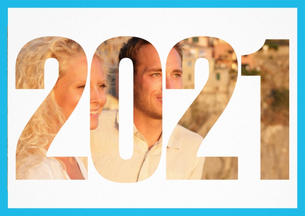 2021 photo year card - Blue - Wedding Save the Dates Save the date card with cut out 2021 for your own photo Blue.