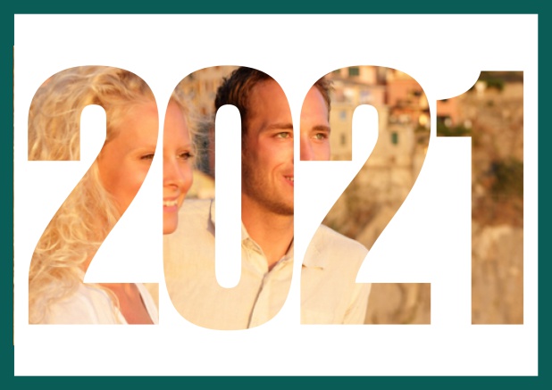 Online save the date card with cut out 2021 for your own photo Green.